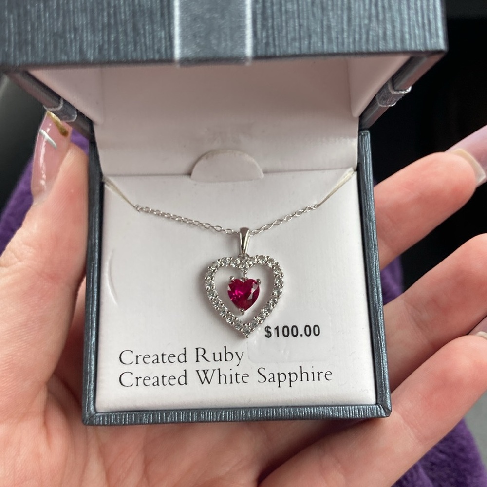 Red and Silver Heart Necklace with Created Ruby